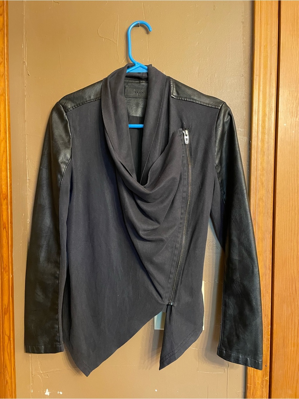 Blank NYC Black Asymmetrical Draped Jacket with Faux Leather Sleeves